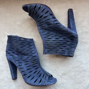 Diane von‎ Furstenberg Alexandria Navy Blue Suede Open Toe Heeled Bootie Women 6
